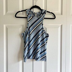 Free People Blue White Striped High Neck Knit Tank Top Women's Size X-Small XS